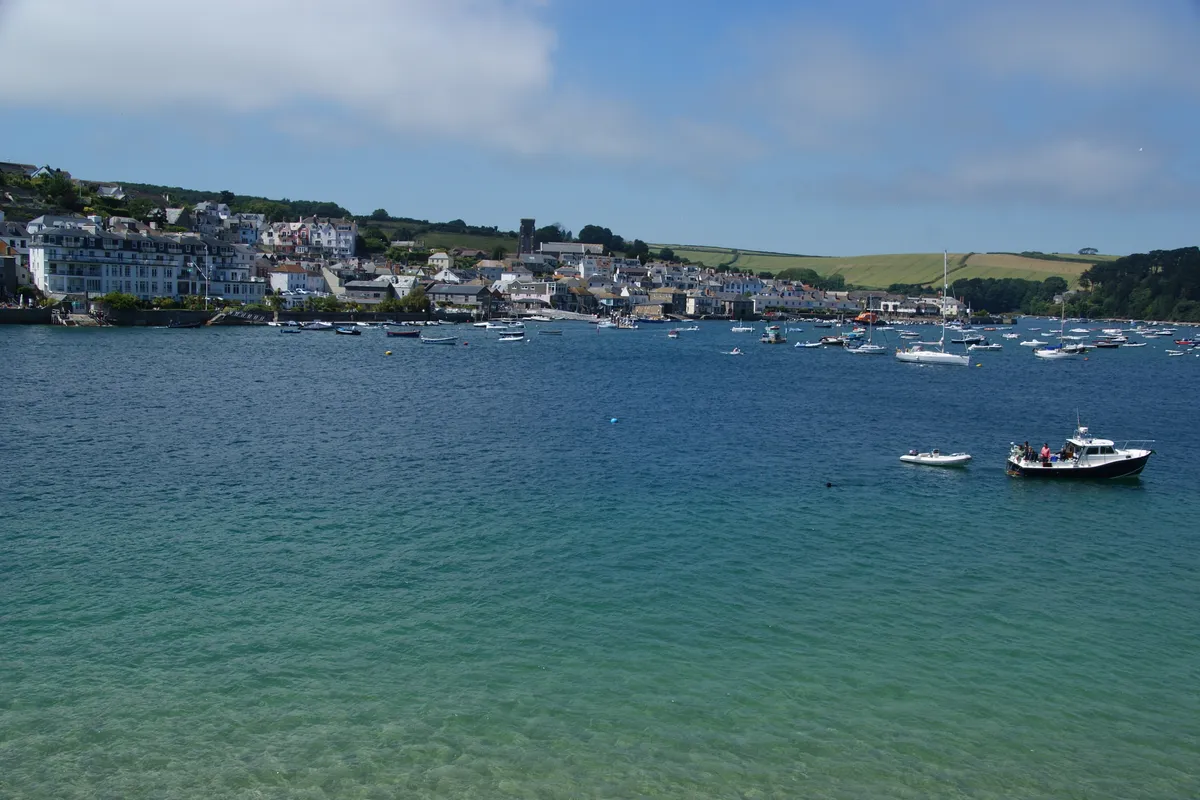 Salcombe seen from the water, houses stacked up the hillside above the harbour